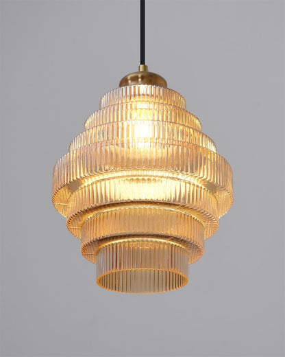 Tiered Glass Ceiling Pendant 9.8 Inch Fixture Warm Glow Hanging Lamp Ridged Shade Brass Detail Adjustable Height Amber Smoke Gray E26 Bulb D