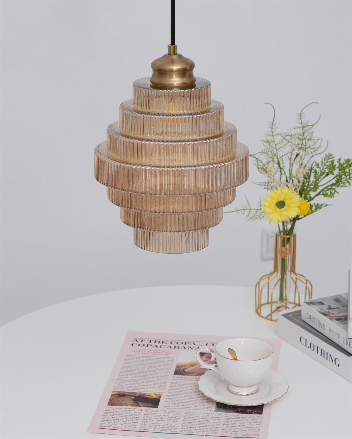 Tiered Glass Ceiling Pendant 9.8 Inch Fixture Warm Glow Hanging Lamp Ridged Shade Brass Detail Adjustable Height Amber Smoke Gray E26 Bulb D