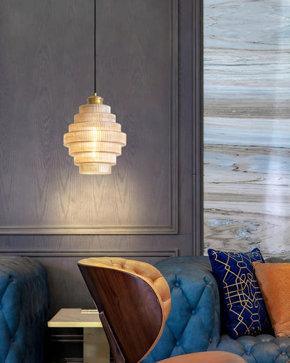 Tiered Glass Ceiling Pendant 9.8 Inch Fixture Warm Glow Hanging Lamp Ridged Shade Brass Detail Adjustable Height Amber Smoke Gray E26 Bulb D