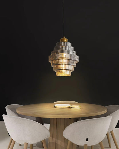 Tiered Glass Ceiling Pendant 9.8 Inch Fixture Warm Glow Hanging Lamp Ridged Shade Brass Detail Adjustable Height Amber Smoke Gray E26 Bulb D