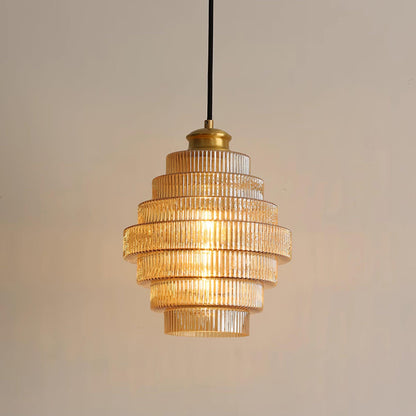 Tiered Glass Ceiling Pendant 9.8 Inch Fixture Warm Glow Hanging Lamp Ridged Shade Brass Detail Adjustable Height Amber Smoke Gray E26 Bulb D