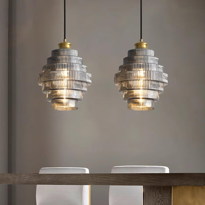 Tiered Glass Ceiling Pendant 9.8 Inch Fixture Warm Glow Hanging Lamp Ridged Shade Brass Detail Adjustable Height Amber Smoke Gray E26 Bulb D