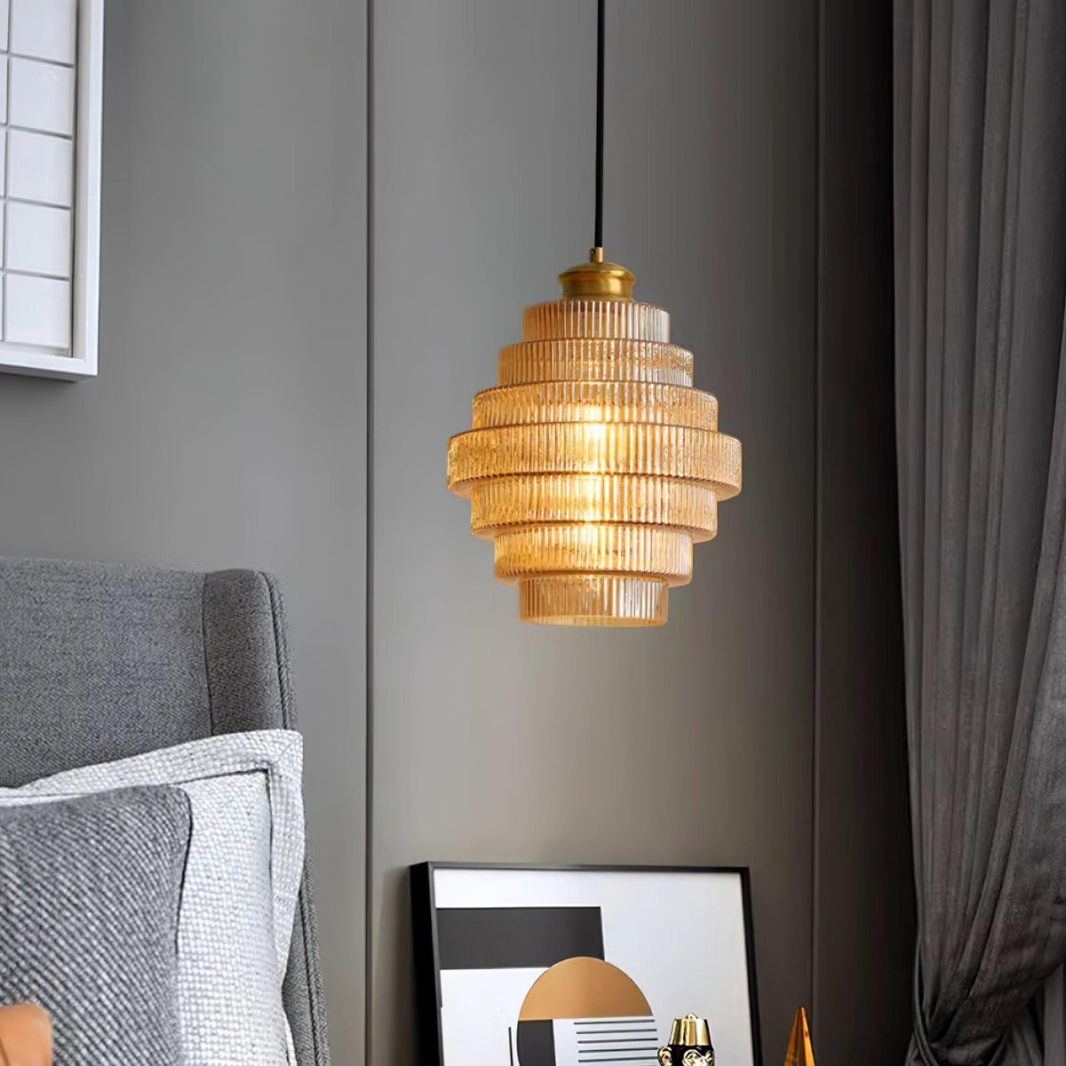 Tiered Glass Ceiling Pendant 9.8 Inch Fixture Warm Glow Hanging Lamp Ridged Shade Brass Detail Adjustable Height Amber Smoke Gray E26 Bulb D