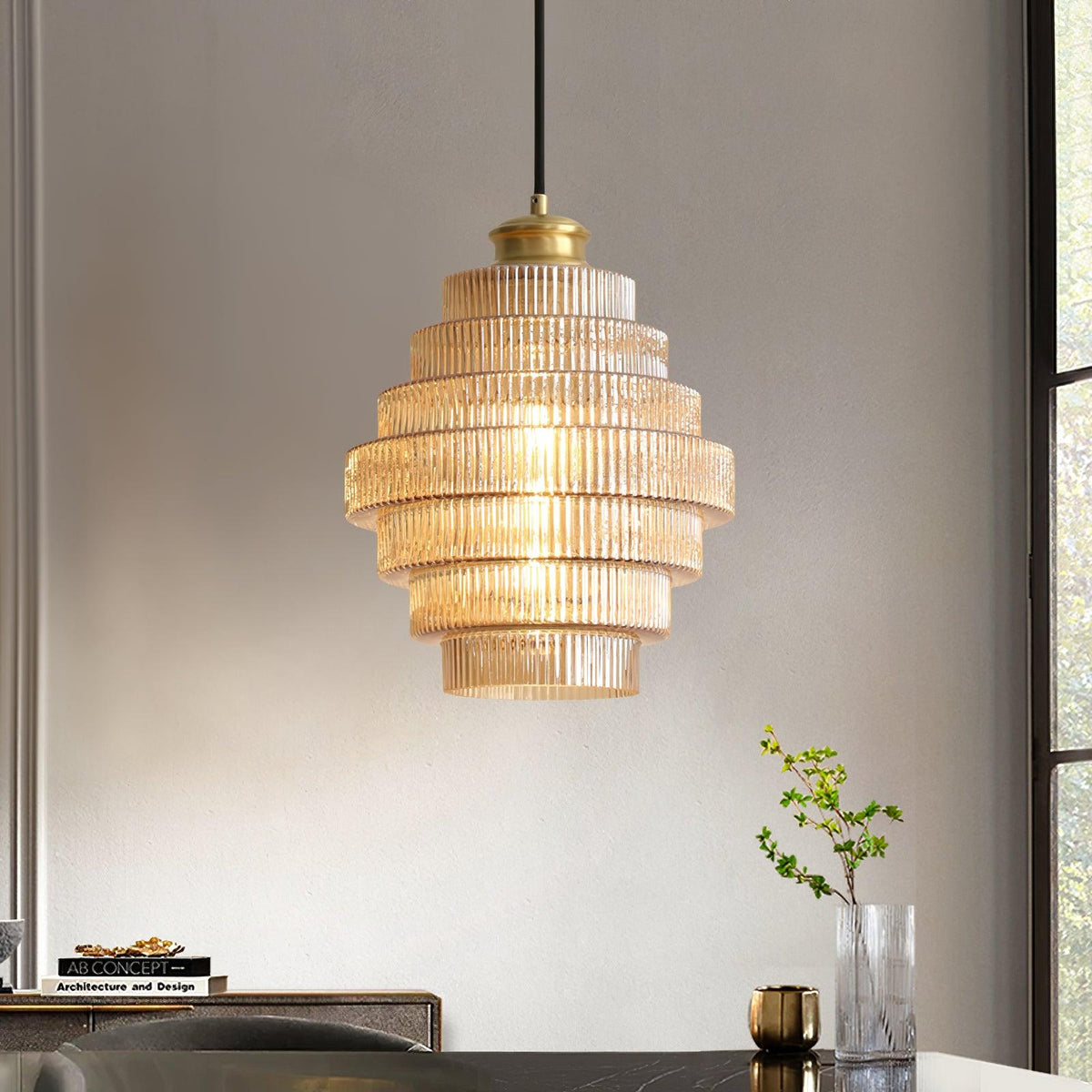 Tiered Glass Ceiling Pendant 9.8 Inch Fixture Warm Glow Hanging Lamp Ridged Shade Brass Detail Adjustable Height Amber Smoke Gray E26 Bulb D