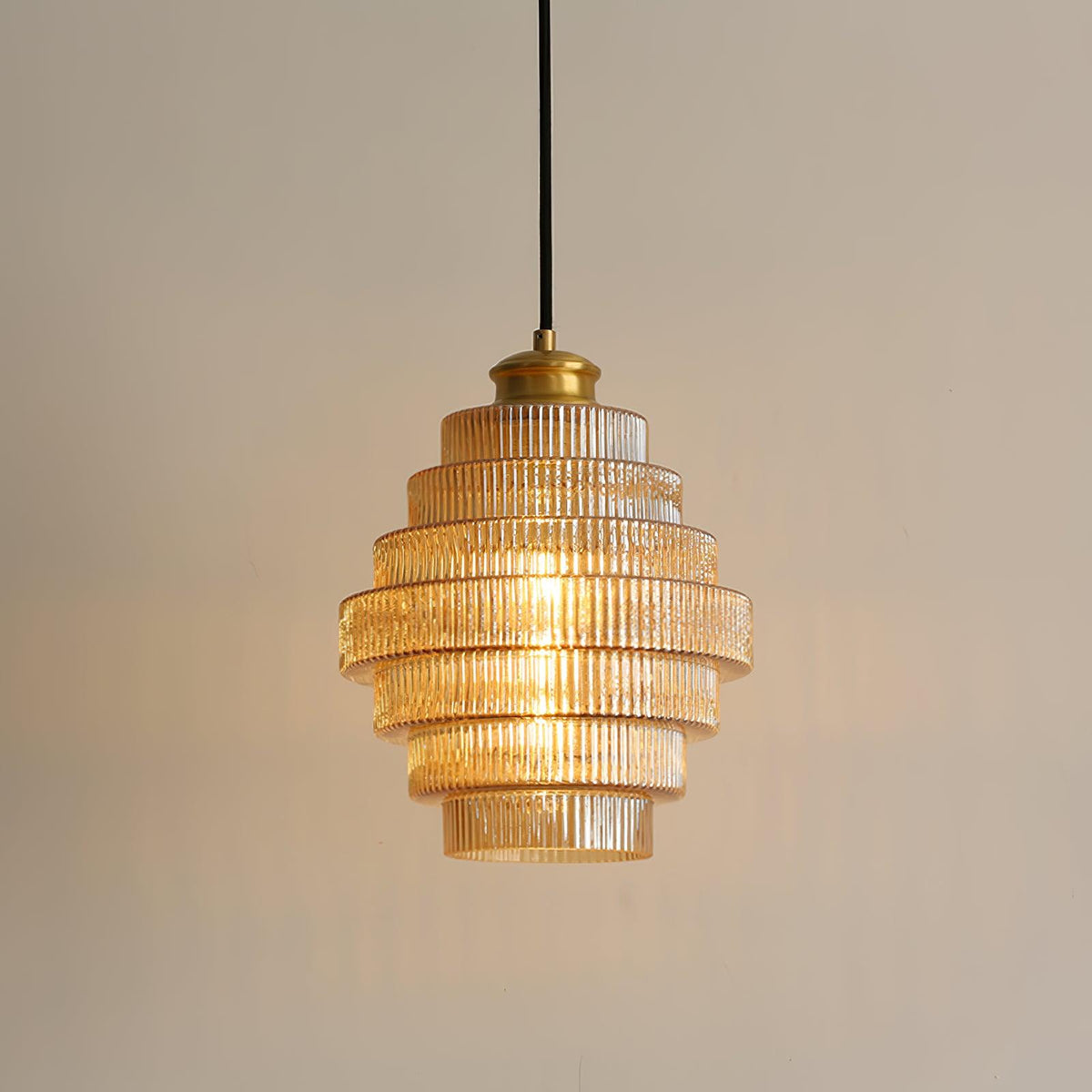 Tiered Glass Ceiling Pendant 9.8 Inch Fixture Warm Glow Hanging Lamp Ridged Shade Brass Detail Adjustable Height Amber Smoke Gray E26 Bulb D