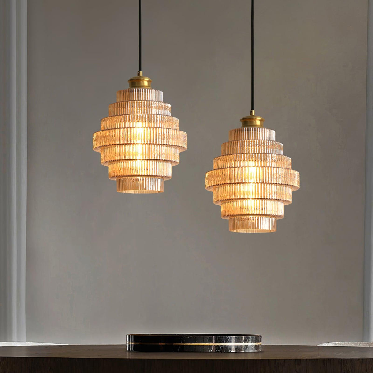 Tiered Glass Ceiling Pendant 9.8 Inch Fixture Warm Glow Hanging Lamp Ridged Shade Brass Detail Adjustable Height Amber Smoke Gray E26 Bulb D