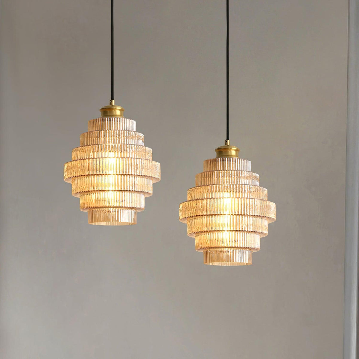 Tiered Glass Ceiling Pendant 9.8 Inch Fixture Warm Glow Hanging Lamp Ridged Shade Brass Detail Adjustable Height Amber Smoke Gray E26 Bulb D