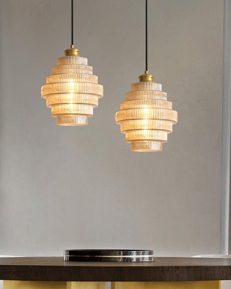 Tiered Glass Ceiling Pendant 9.8 Inch Fixture Warm Glow Hanging Lamp Ridged Shade Brass Detail Adjustable Height Amber Smoke Gray E26 Bulb D