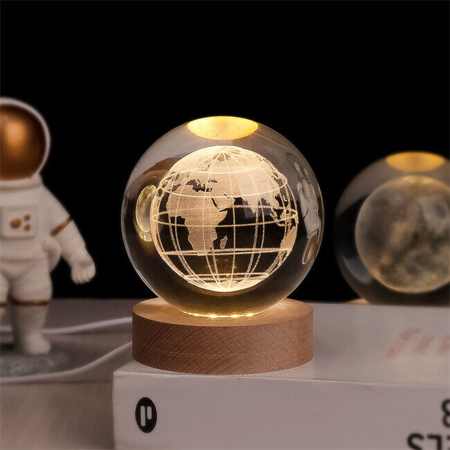LED Glass Sphere Desk Lamp with 3D Laser-Etched Design on Wood Base | Night Light for Bedside, Living Room & Kids' Bedroom Décor | USB
