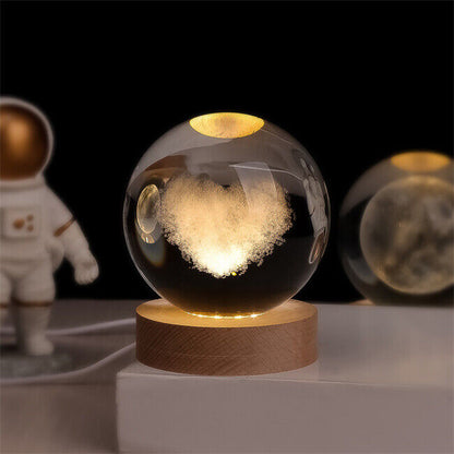 LED Glass Sphere Desk Lamp with 3D Laser-Etched Design on Wood Base | Night Light for Bedside, Living Room & Kids' Bedroom Décor | USB