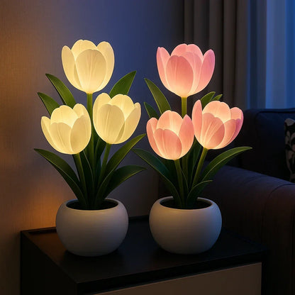 LED Tulip Flower Night Light with Vase – 5-Level Dimmable Decorative Accent Lamp for Bedroom, Living Room & Office