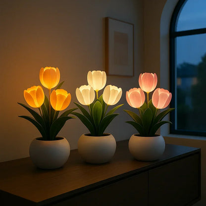 LED Tulip Flower Night Light with Vase – 5-Level Dimmable Decorative Accent Lamp for Bedroom, Living Room & Office