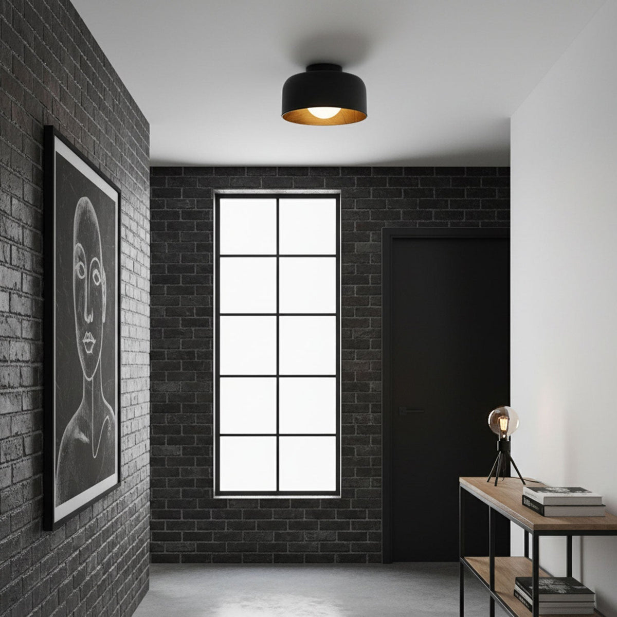 Flush Mount Ceiling Light Fixture for Bedroom Hallway Small Rooms 9 in Round LED Glass Shade with Wood Grain Interior Modern Accent for Livi