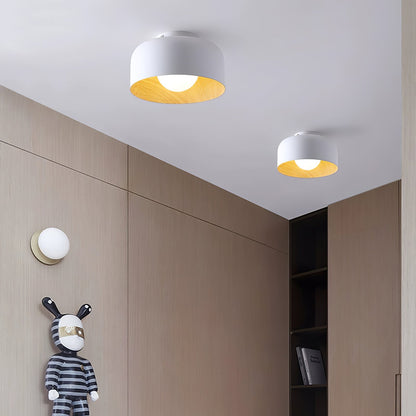 Flush Mount Ceiling Light Fixture for Bedroom Hallway Small Rooms 9 in Round LED Glass Shade with Wood Grain Interior Modern Accent for Livi