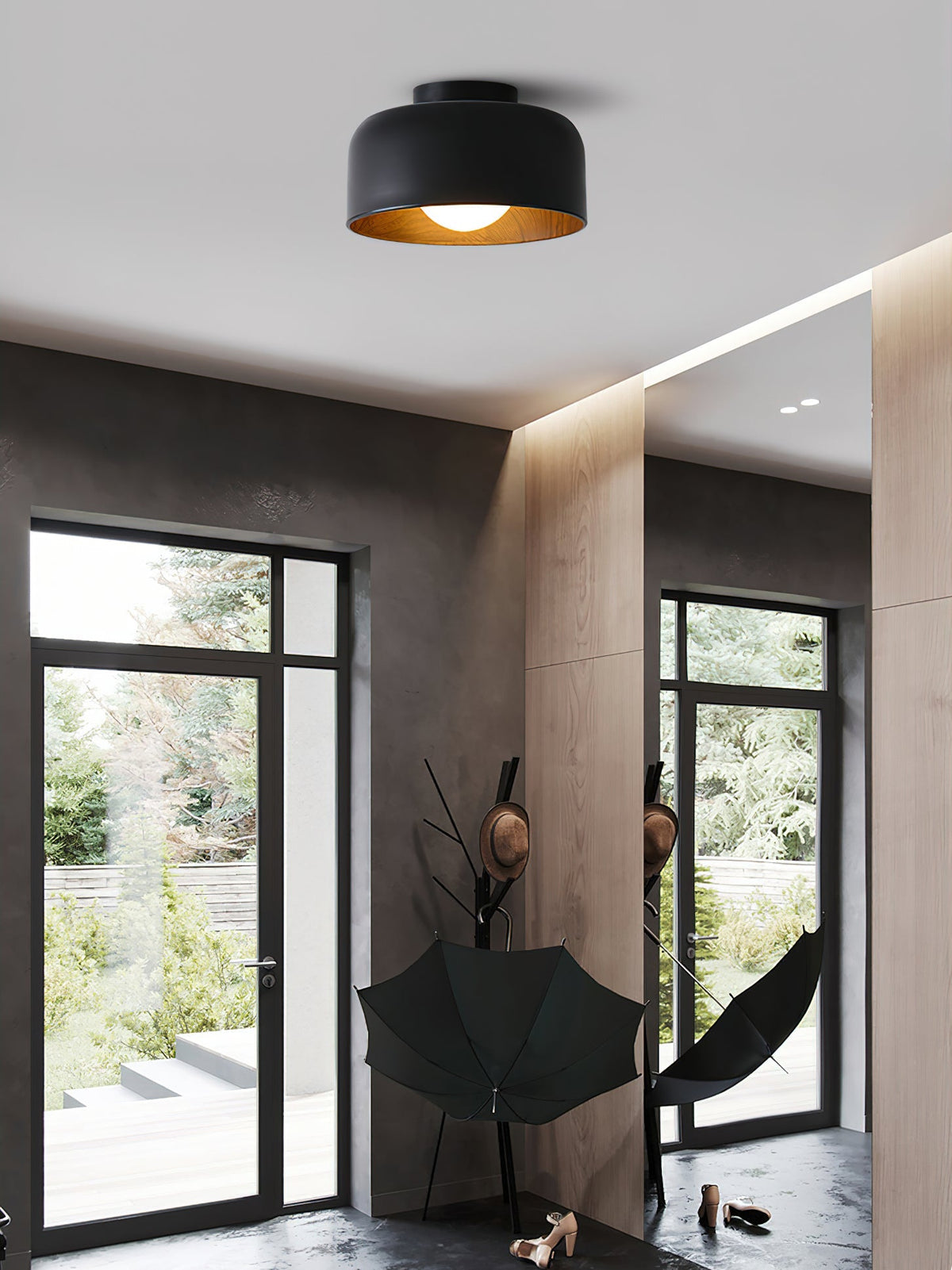 Flush Mount Ceiling Light Fixture for Bedroom Hallway Small Rooms 9 in Round LED Glass Shade with Wood Grain Interior Modern Accent for Livi