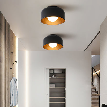 Flush Mount Ceiling Light Fixture for Bedroom Hallway Small Rooms 9 in Round LED Glass Shade with Wood Grain Interior Modern Accent for Livi