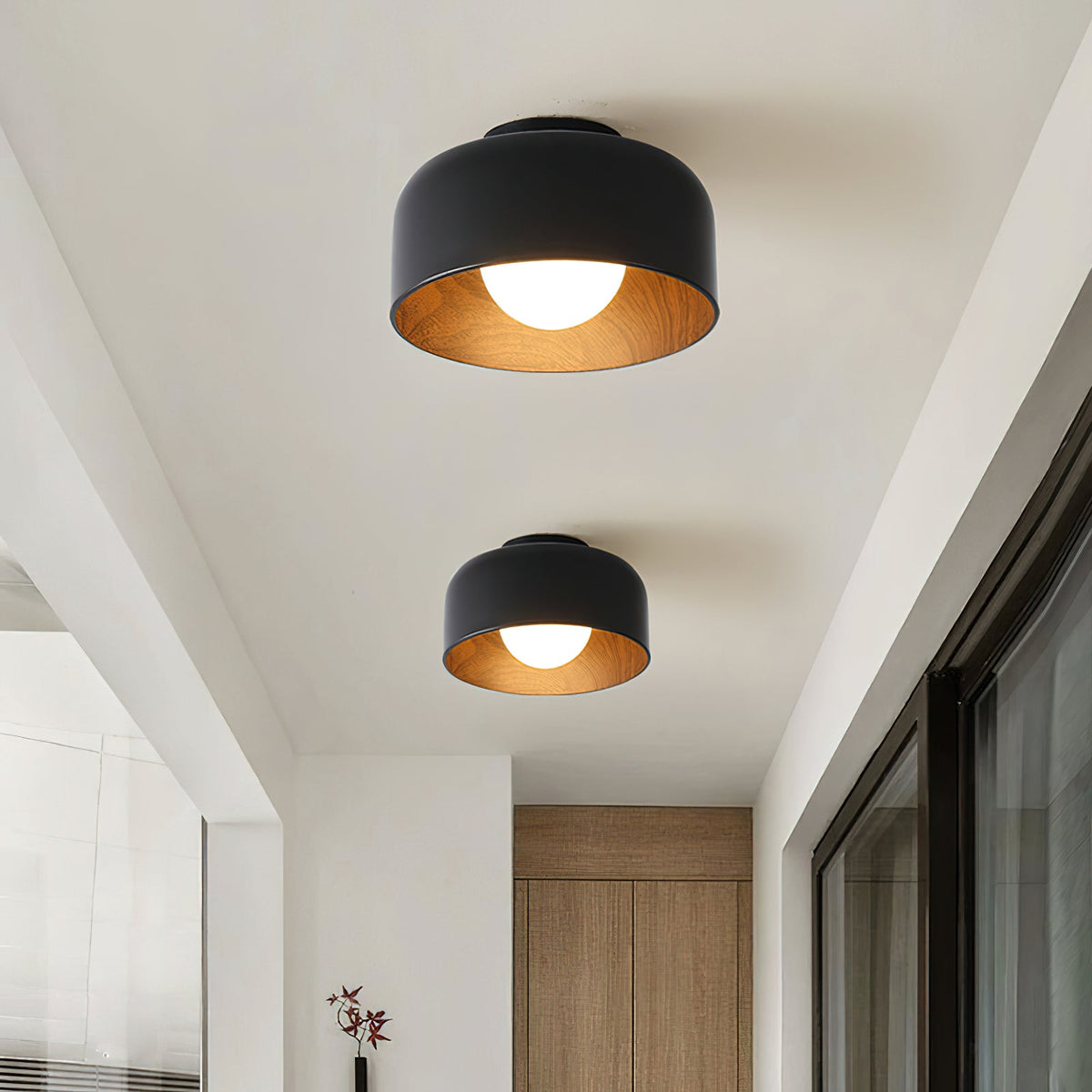 Flush Mount Ceiling Light Fixture for Bedroom Hallway Small Rooms 9 in Round LED Glass Shade with Wood Grain Interior Modern Accent for Livi