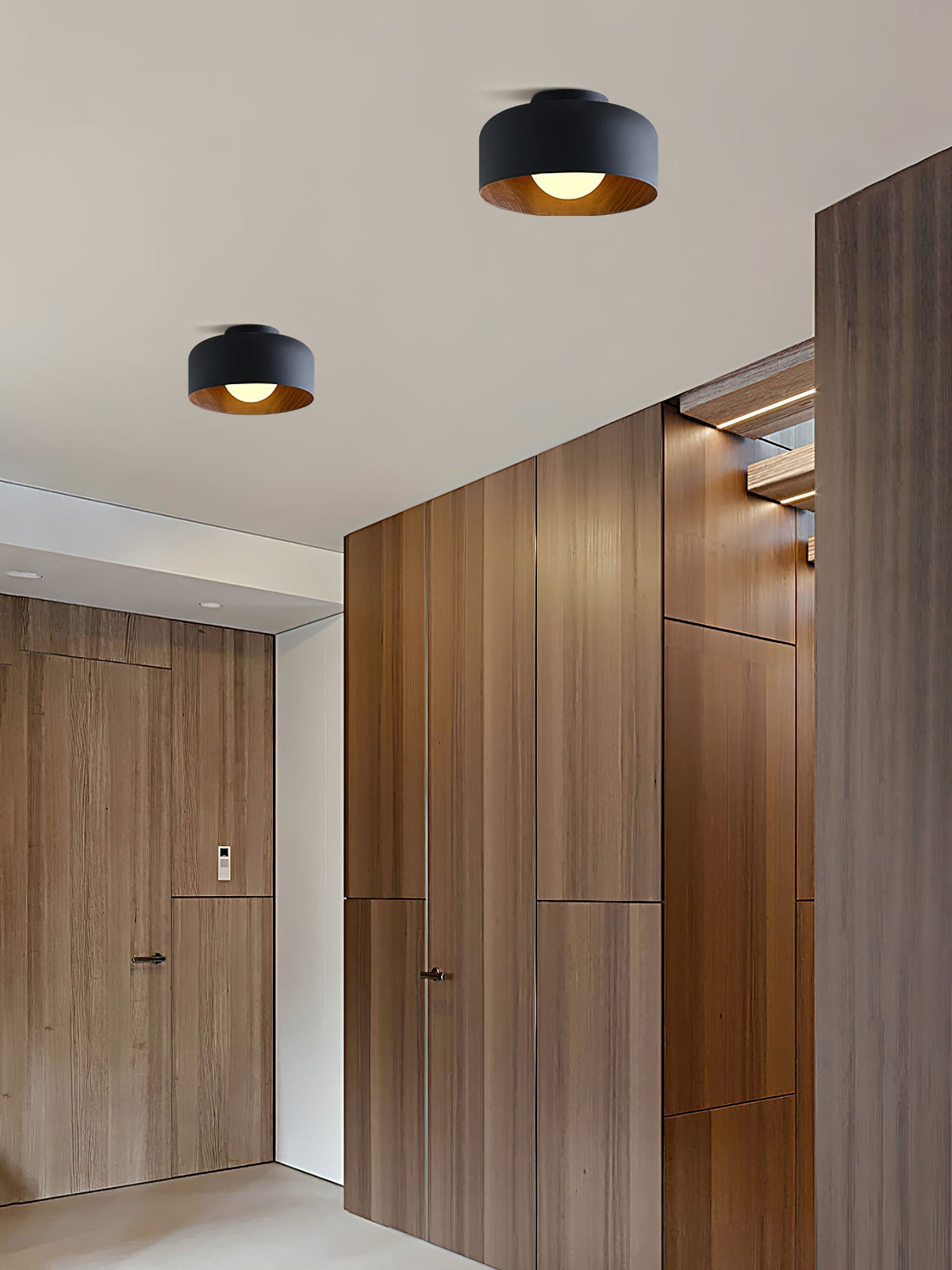 Flush Mount Ceiling Light Fixture for Bedroom Hallway Small Rooms 9 in Round LED Glass Shade with Wood Grain Interior Modern Accent for Livi