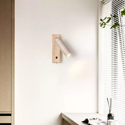 Cylindrical Travertine Wall Sconce with Integrated LED – Natural Stone & Walnut Accent Lighting for Modern Interiors