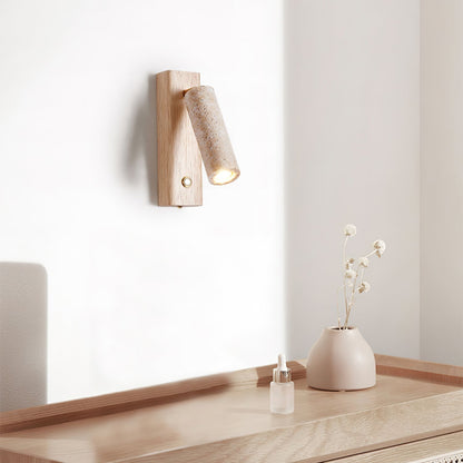 Cylindrical Travertine Wall Sconce with Integrated LED – Natural Stone & Walnut Accent Lighting for Modern Interiors
