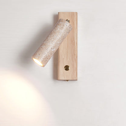 Cylindrical Travertine Wall Sconce with Integrated LED – Natural Stone & Walnut Accent Lighting for Modern Interiors