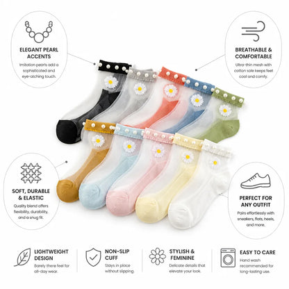 Ankle Socks Pearl-Embellished Ultra-Thin Set of 10