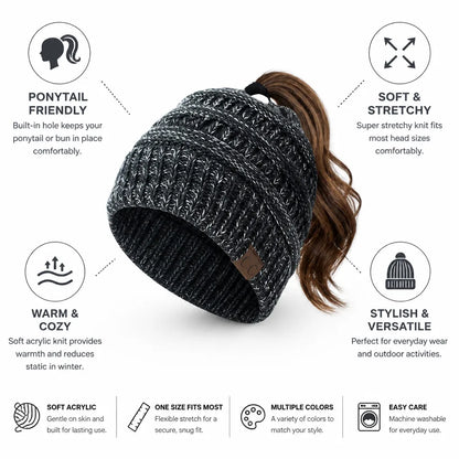 Beanie Ponytail Hole Soft Stretchy Acrylic