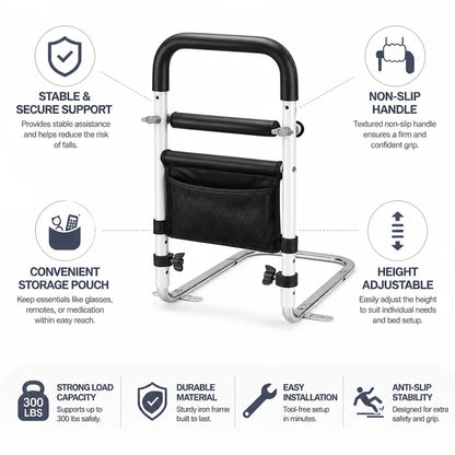 Bed Safety Rail Height Adjustable Non-Slip Handle Storage Pouch