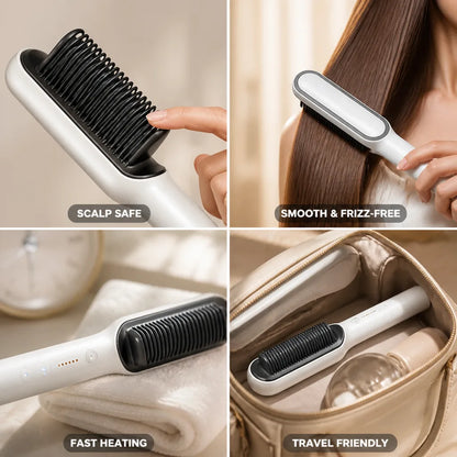Hair Straightening Brush Built-In Comb Adjustable Heat