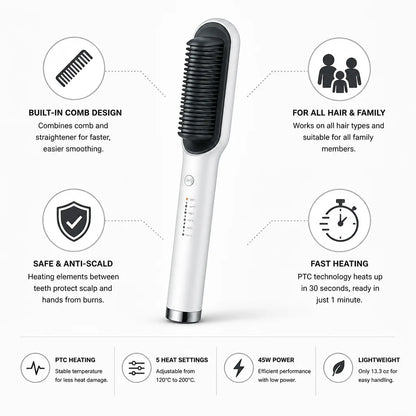 Hair Straightening Brush Built-In Comb Adjustable Heat