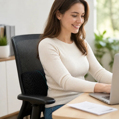 Lumbar support cushion, ergonomic contour, back