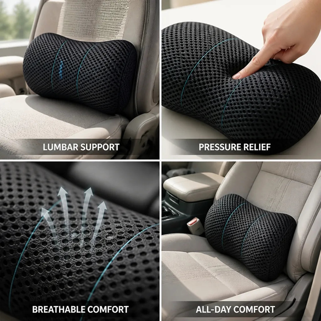 Lumbar support cushion, ergonomic contour, back