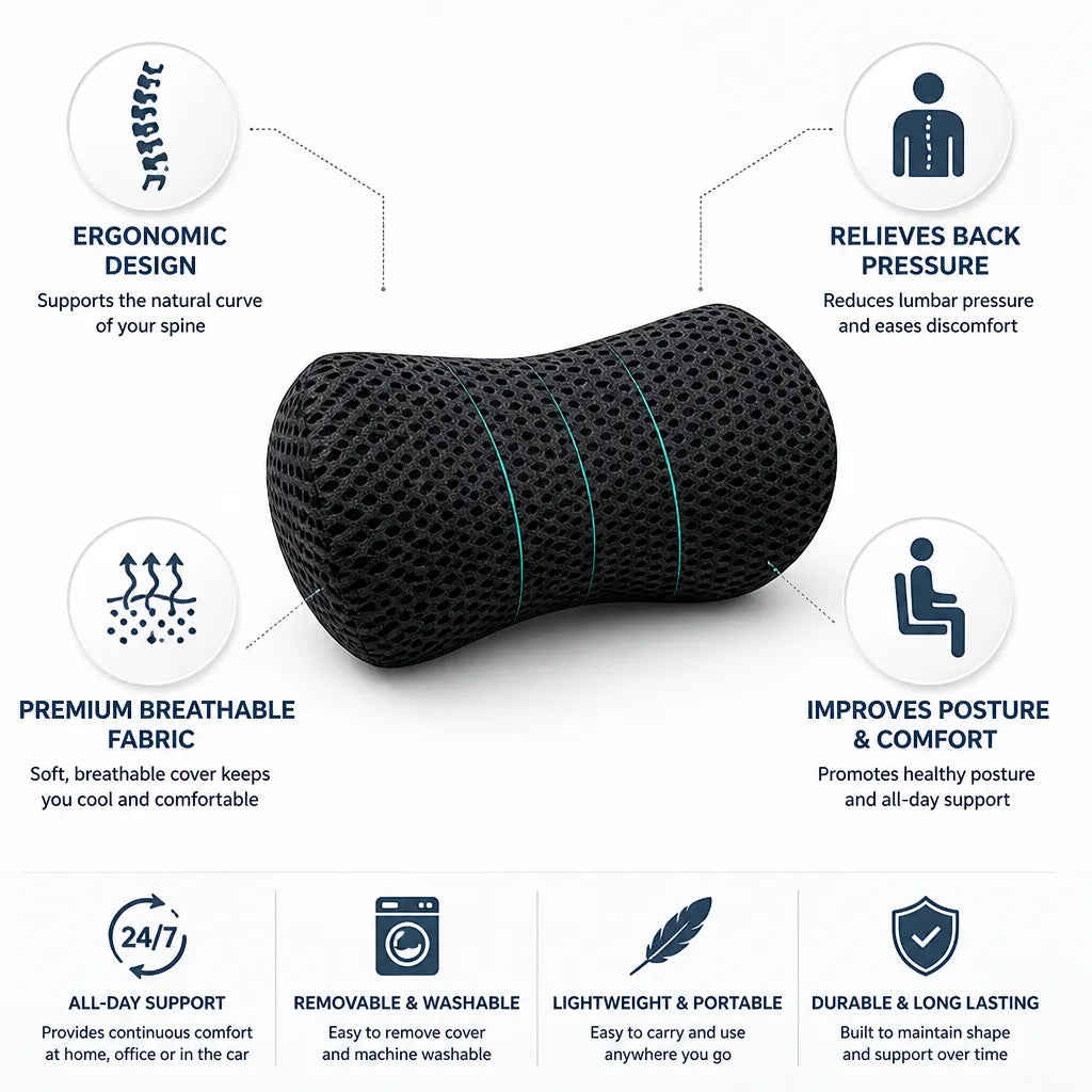 Lumbar support cushion, ergonomic contour, back
