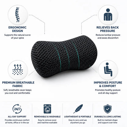 Lumbar support cushion, ergonomic contour, back