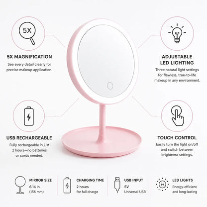Makeup Mirror 5x Magnification Adjustable LED & USB Rechargeable