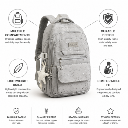 Star-Embellished Multi-Compartment School Backpack