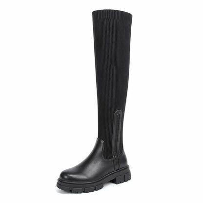 Thigh-High Boots Stretch Knit Wide-Calf Friendly Chunky Heel