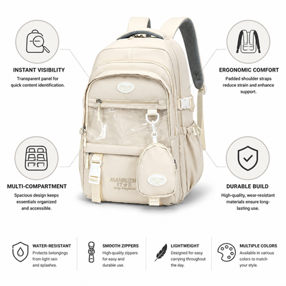 Transparent Front Panel & Padded Shoulder Straps School Backpack