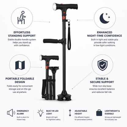 Walking Cane Double-Handle Foldable Night-Ready