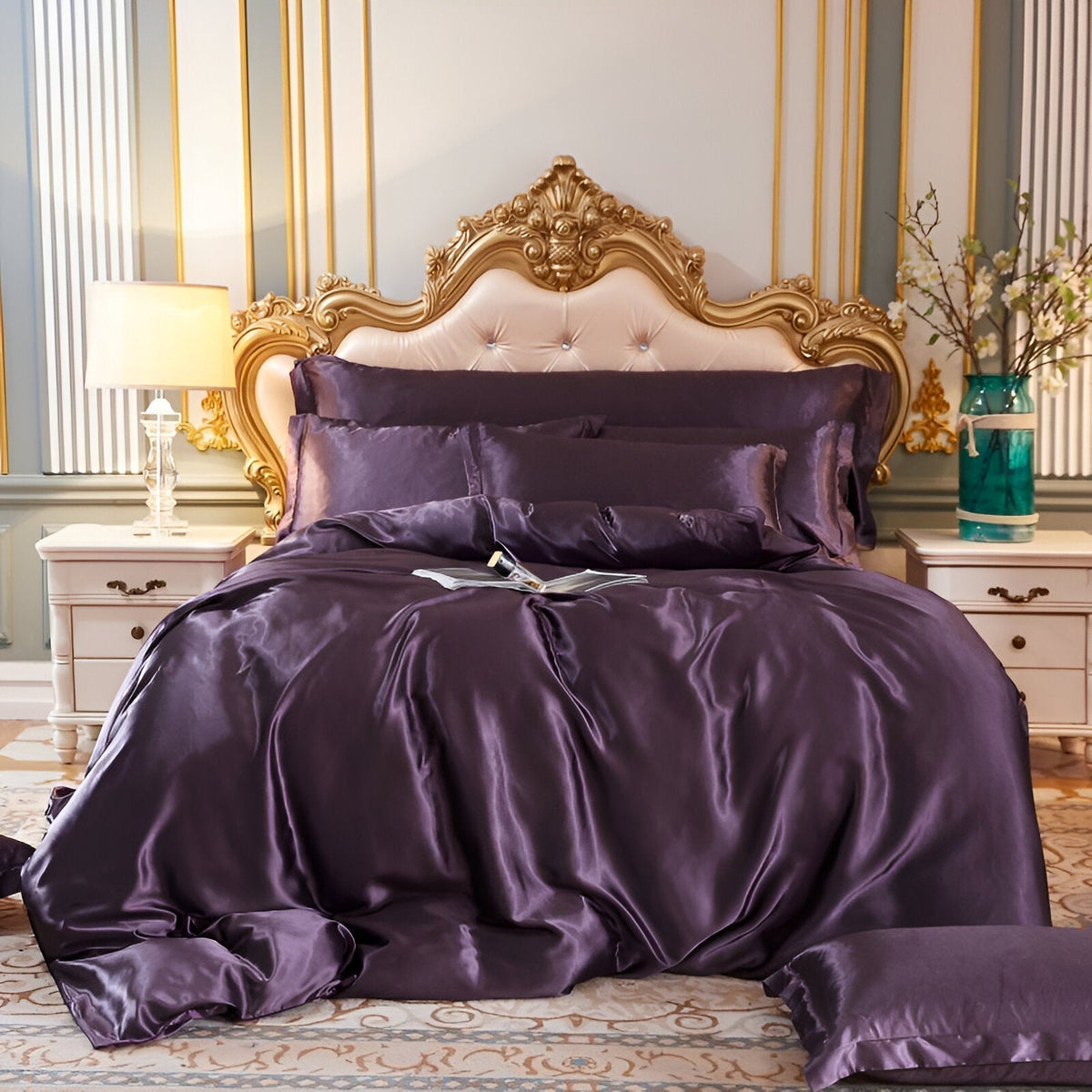 Silk Blend Sheet Set Purple 180 GSM Duvet Cover Fitted Sheet Pillowcases for Queen King Bed Luxury Breathable Bedding for Bedroom Guest Room