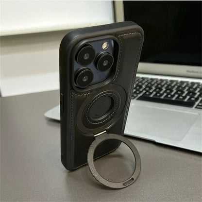 Leather Phone Cases with MagSafe, iPhone 16 Case with Fold Out Ring Stand, iPhone 15 Case, Magnetic iPhone Case with Rugged Protection