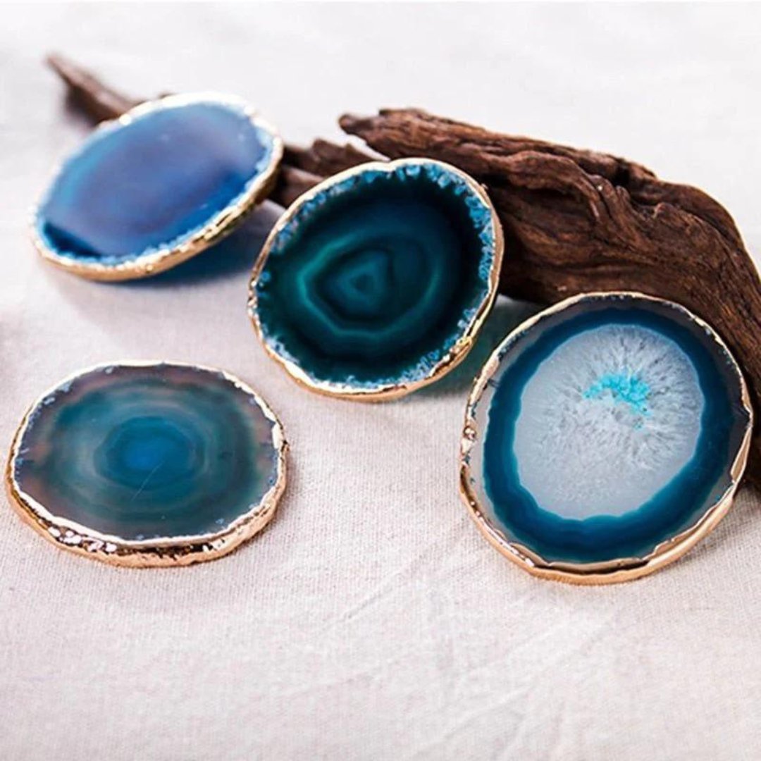 Luxury Blue Agate Coaster Set with Gold Accents – Unique Stone Coasters for Home Decor