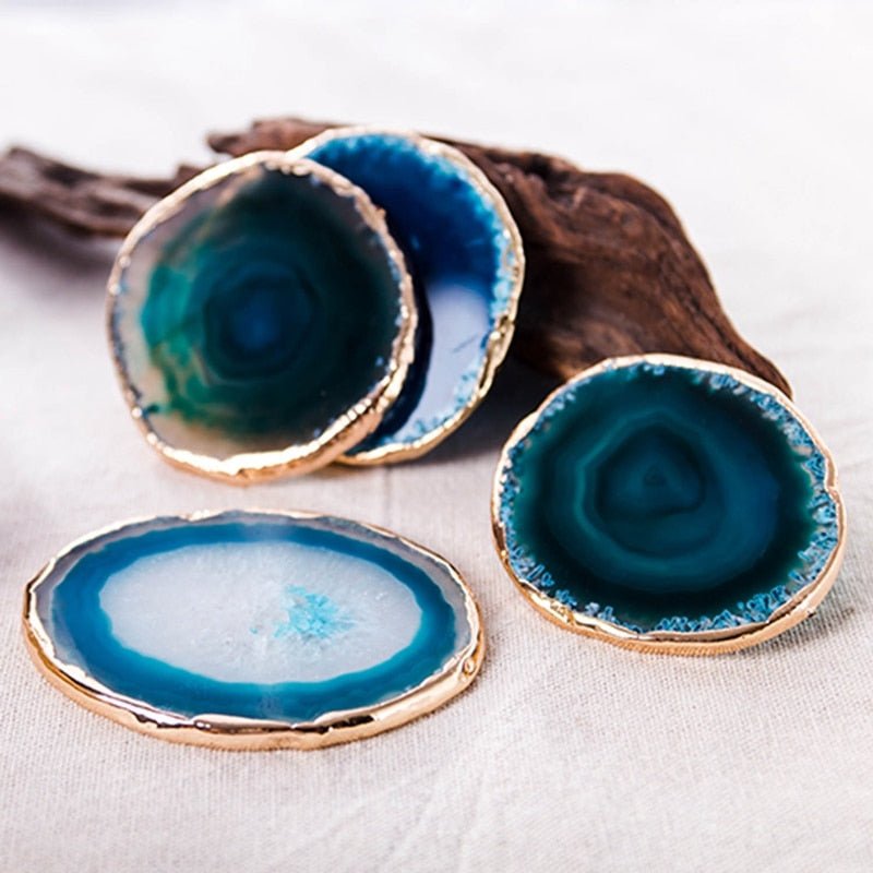 Luxury Blue Agate Coaster Set with Gold Accents – Unique Stone Coasters for Home Decor