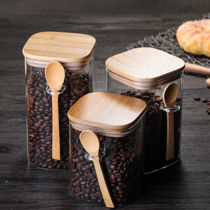 Luxury Glass Coffee Storage Jar with Wooden Lid and Spoon – 3 Sizes Available