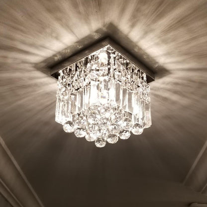 Compact Crystal Ceiling Light Chrome Finish Flush Mount Square Design for Hallway Bedroom Kitchen Entry