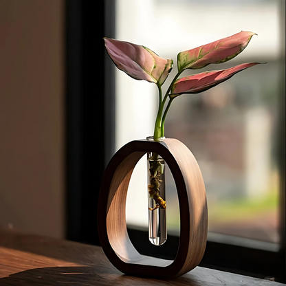 Glass Vase Plant Holder with Wooden Frame Stand for Hydroponics & Cuttings | Desktop Terrarium Display for Home Decor, Living Room & Office