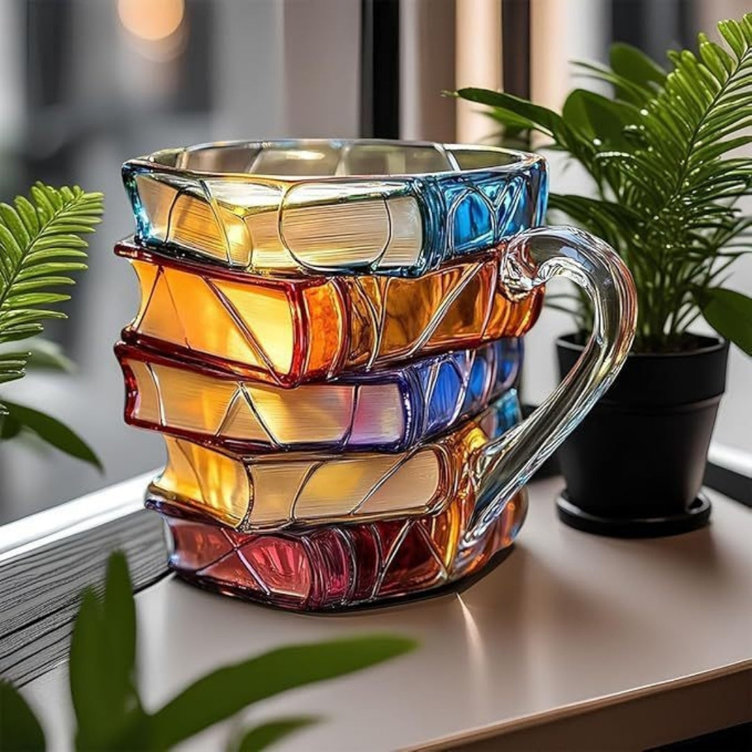 Ceramic Stacked Book Coffee Mug with 3D Hand-Painted Design | Literary Gift for Book Lovers & Writers | Decorative Tea Cup for Home & Office