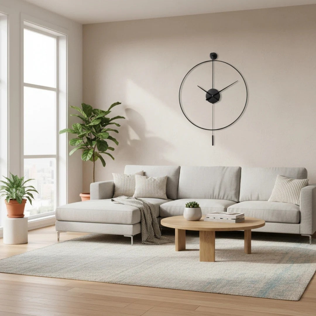Large Silent Wall Clock with Pendulum – Metal Round Timepiece for Living Room & Bedroom – Quiet Quartz Movement – Modern Decorative Clock