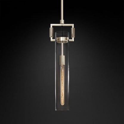 Industrial Glass Cylinder Hanging Light Fixture with Metal Frame & Edison Bulb for Kitchen Island Dining Room