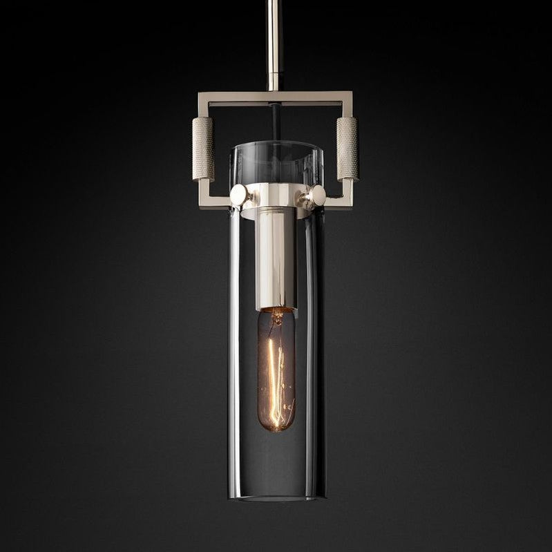 Industrial Glass Cylinder Hanging Light Fixture with Metal Frame & Edison Bulb for Kitchen Island Dining Room